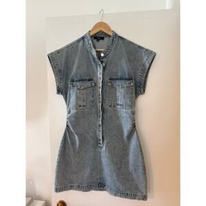 Lulus Light Wash Denim Mini Dress Medium Utility Pocket Gathered Waist Dress ✨